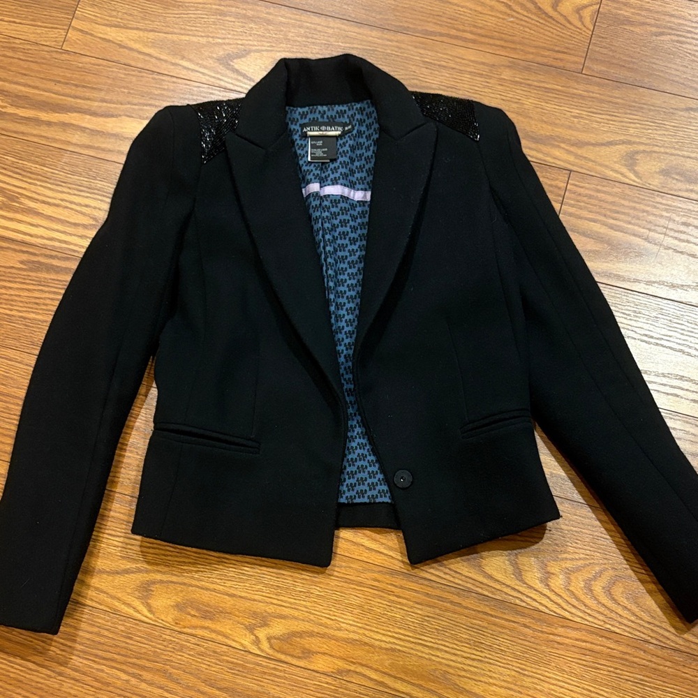Antik Batik Black Wool Coat/Blazer with Sequin Shoulder Detail XS